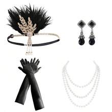 4 件套 1920 年代女士优雅性感配饰复古高端轻佻女郎服装配饰，单件派对化妆舞会头饰项链手套耳环万圣节