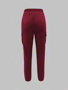 Women's Fashion Elegant Solid Color Casual Pocket Elastic Waist Drawstring Cargo Pants Spring - Burgundy - View 4