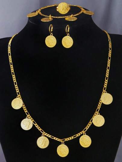 5pcs Set Fashion Personalized Coin Portrait Jewelry Set, Pendant Necklace Earrings Ring Bracelet Gold Coin Accessories