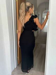 Summer Elegant One Shoulder Black Maxi Long Dress For Women Ruffle Embellished Dress Wedding Evening Cocktail Party Dress Sexy