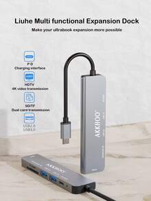 六合一 Type-C 集线器，支持 100W PD 快充，双 SD/TF 卡槽，高效文件传输，便携式多功能扩展坞