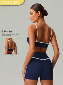 Spring And Summer 2 PCS Co-Ord Set Women Yoga Running Sports Bra And Short - Màu xanh hải quân - Xem 2