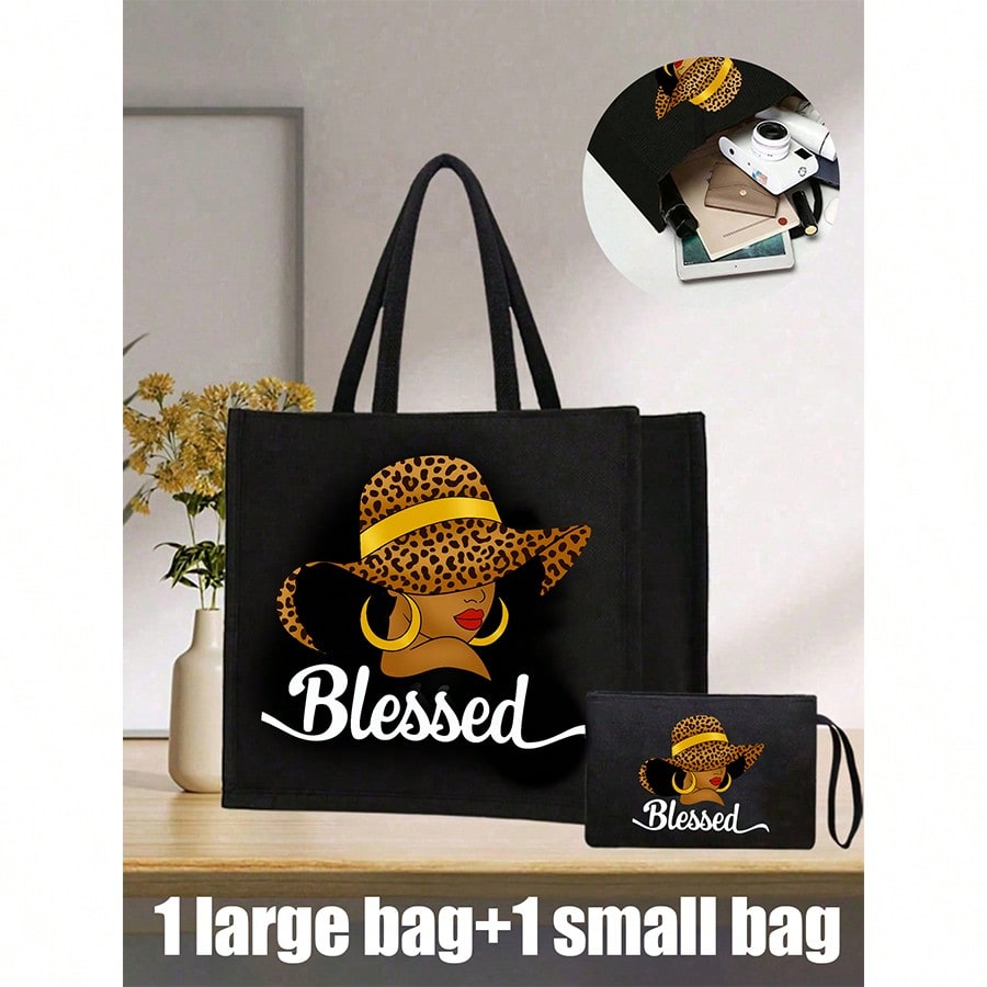 Printed Tote Bag, Printed Tote Bag Set, Tote Bag And Cosmetic Bag, Leopard Print Pattern, Women Earrings, Lightweight Large Capacity Tote Bag, Reusable Shopping Bag, Portable Travel Beach Bag (With Cosmetic Bag), Birthday Gift, Teacher's Day Gift, Nurse's Day Gift, Birthday Gift, Anniversary Gift, Best Gift, Vacation Style Letter Design Shopping Bag, Suitable For Wedding, Birthday, Beach And Holiday