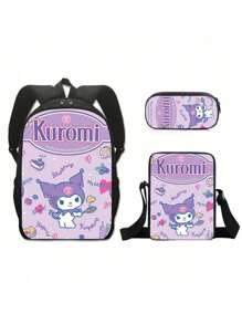 3D Fully Printed Cartoon Sanrio Kuromi 3 Pieces Backpack Primary School Bag Children's Lunch Bag Pencil Bag Set Anime Kawaii Cartoon School Bag