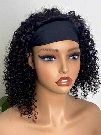 Curly Headband Wig Human Hair Auburn Brown Headband Wigs Glueless Free Wig Machine Manufactured Lace Free Deep Curly Hair Wig Adjustable Elastic Hair Cap Elegant Hairstyle 1B Natural Color