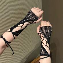 Y2K Aesthetic Lace Criss-Cross Arm Sleeves - Sexy Sheer Mesh Vintage Fingerless Gloves - Millennium JK Style Cosplay Accessories - Sweet Streetwear For Summer (Global) - White - View 2