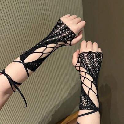 Y2K Aesthetic Lace Criss-Cross Arm Sleeves - Sexy Sheer Mesh Vintage Fingerless Gloves - Millennium JK Style Cosplay Accessories - Sweet Streetwear For Summer (Global)
