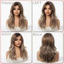 MLong Layered Brown Wigs With Bangs Long Wavy Wigs With Blonde Highlights 20 Inch Curtain Bangs Wigs For White Women Light Brown Synthetic Wig Hair Replacement Wig For Women Daily Party Cosplay Use8001 - 棕色高光 - 查看 5