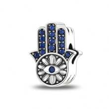 1 Stück Silberfarbener, exquisiter blauer Emaille-Zirkonia, glücklicher Fatima Hamsa Hand, Palme, böser Blick, religiöser Schutzanhänger, passend für original Armband, Halskette, Anhänger, Perlen für DIY Schmuckherstellung, Frauen, Mädchen, Geburtstagsschmuck, Geschenk für Freunde