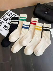 1/5双随机男士中筒袜，时尚设计，吸湿排汗，条纹字母图案，日系街头风，适合日常穿着 - 彩色 - 查看 16
