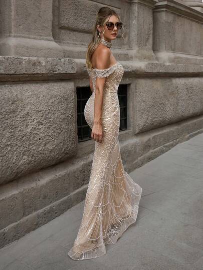 Faeriesty Luxury Off-Shoulder Beaded Sequin Maxi Evening Gown, Elegant Bridal & Formal Dress With Cascading Pearl Embellishments, Perfect For Red Carpet, Gala, Wedding, And High-End Parties