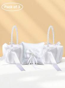 3 件套婚礼花童花篮和戒指枕套装，白色缎带蝴蝶结花篮珍珠系列婚礼花童花篮和戒指枕 - 彩色 - 查看 1