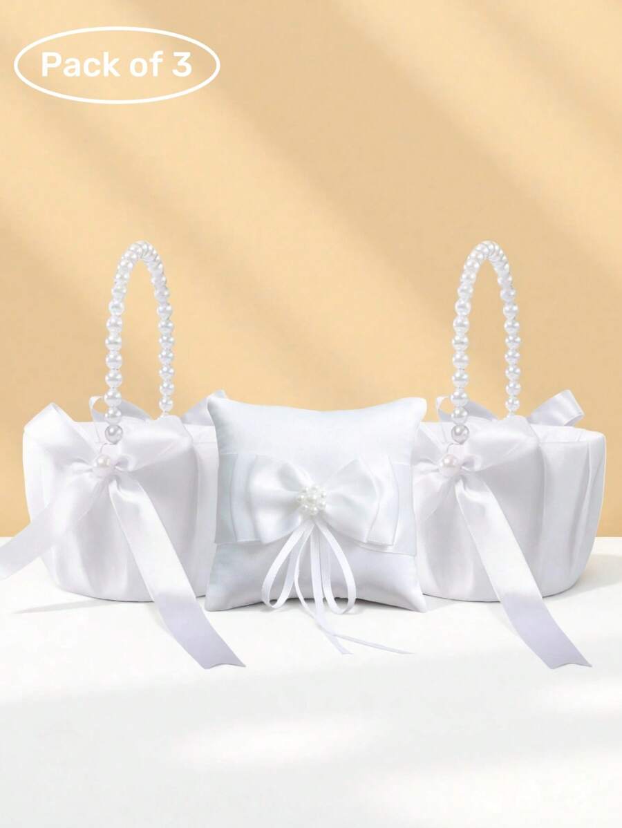 3 件套婚礼花童花篮和戒指枕套装，白色缎带蝴蝶结花篮珍珠系列婚礼花童花篮和戒指枕 - 彩色 - 查看 1