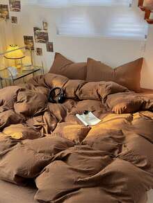 3pcs Solid Color Washed 100% Cotton Soft Bedding Set - Brown - View 2