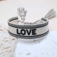 1 pieza Pulsera casual de estilo vacacional bohemio Adjustable con bordado creativo, hecha a mano, adecuada para amigos, familia, parejas, regalos festivos, fiesta, viaje, uso diario, cordón de bendición - Blanco y Negro - Ver 3