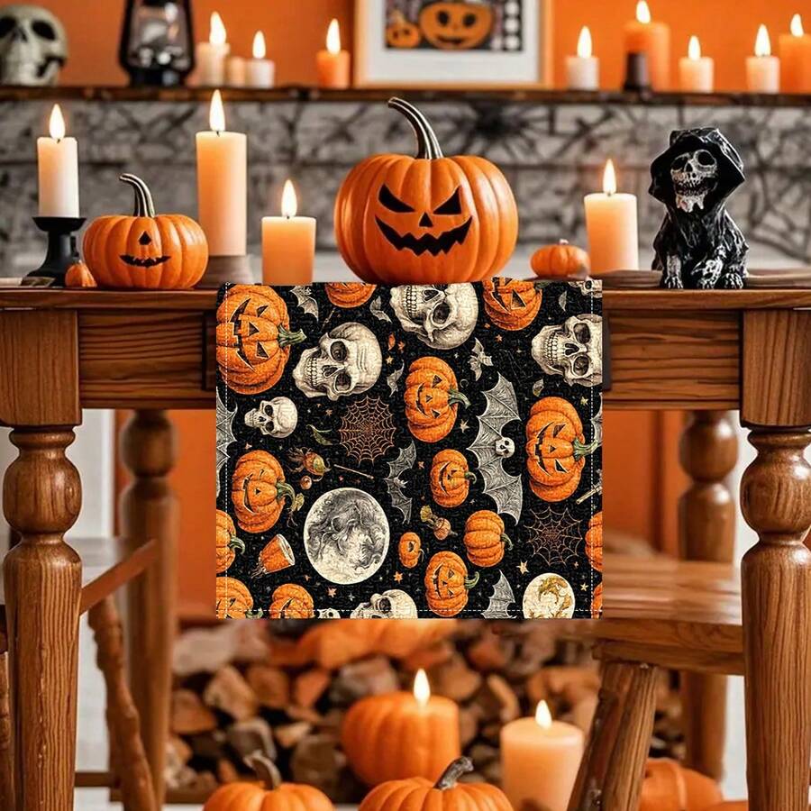 1pc/4pcs Halloween Linen Table Runner Placemats, Easy Clean Breakfast Mats For Kitchen, Home, Restaurant Decor With Pumpkin, Witch, Ghost Patterns Suitable For Kitchen, Dining Room, Living Room, Bathroom - Multicolor - View 1