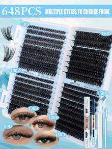 720片混長10-16mm 10D-100D D捲 0.07mm厚度DIY假睫毛套組，含睫毛膠、密封劑、鑷子，適合初學者，自然誇張俄羅斯貓眼Cosplay假睫毛接睫毛套組，適合居家使用 - 淺藍色 - 查看 17