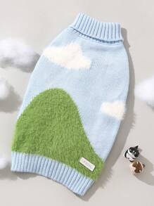 UFBemo 1pc Pet Cat Dog Fresh Mountain & Cloud Knit Sweater, Blue And White, Warm For Autumn/Winter