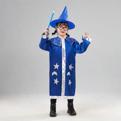 Children's Halloween Magician COS Cloak Wizard Cloak+Pointed Hat Set Star Print Breathable Halloween Party Dress Up Both Boys And Girls Can Use It