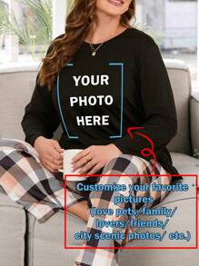 Plus Size Customized Photo Women's Long Sleeve Crew Neck Casual Lounge Top For Autumn Customize Your Favorite Pictures (Love Pets/Family/Lovers/Friends/Brothers/Sisters/City/Scenic Photos, Etc.), Fall, Cozy