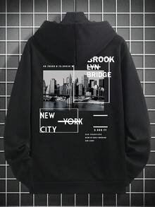 Men's New York & Brooklyn City Element Print Fleece Hoodie, Streetwear Style For Autumn/Winter, Long Sleeve Top