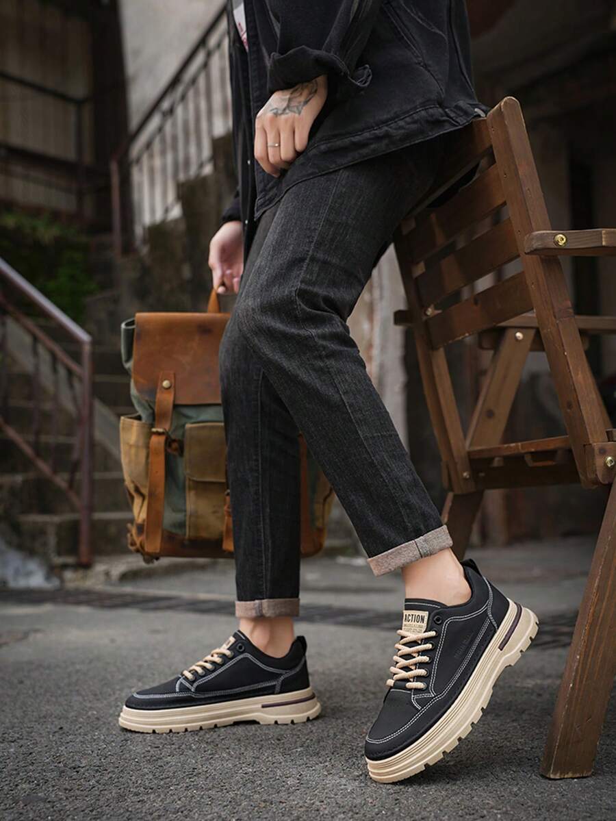 Zapatillas deportivas de estilo industrial de dos tonos con suela exterior con relieve de logotipo doble, forro de malla transpirable, suela ligera de estilo retro con cordones, apropiadas para cafeterías y mercados antiguos, con detalles metálicos, para todas las temporadas