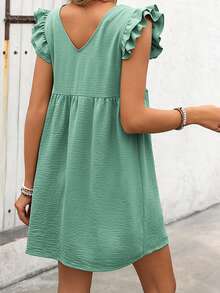 Women's Summer Mini Dress Solid Color Flutter Sleeve V-Neck Button Down Dress For Work, Beach
