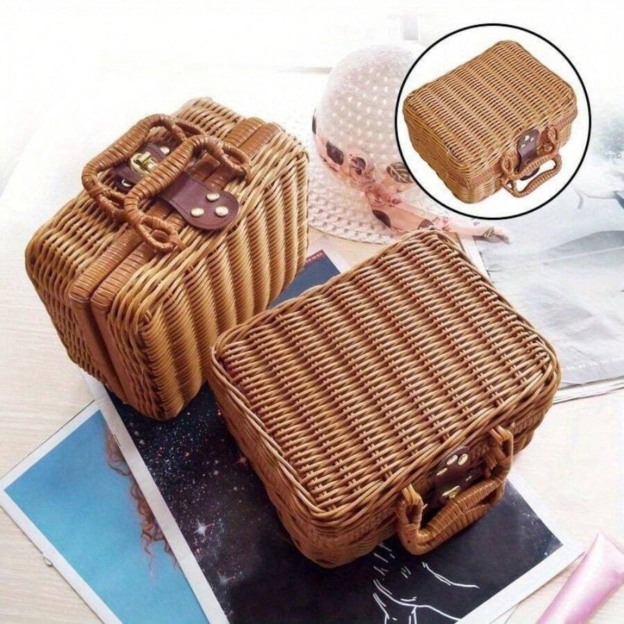 Retro PP Rattan Baskets Picnic Storage Basket Wicker Suitcase With Hand Gift Box Woven Cosmetic Storage Box Organization Storage - Multicolor - View 1