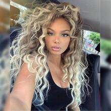 MLong Curly Blonde Wigs For White Women Ash Blonde Ombre Wig Natural Fluffy Hair Thick Hairline Synthetic Wigs 26inches Long Wig Wavy8001 - OmbreBlonde - Xem 1