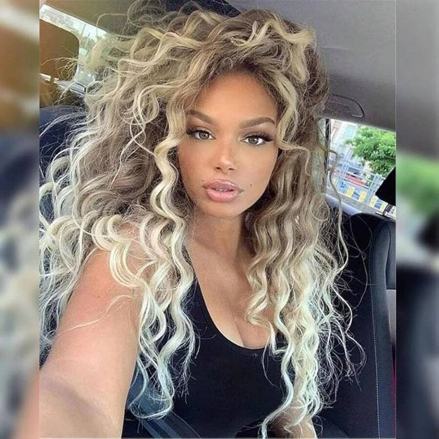 MLong Curly Blonde Wigs For White Women Ash Blonde Ombre Wig Natural Fluffy Hair Thick Hairline Synthetic Wigs 26inches Long Wig Wavy8001 - OmbreBlonde - Xem 1