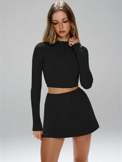 FWH Women's Minimalist Solid Color Long Sleeve Half Zip Fitted Cropped Top And Mini Skirt Sports Set