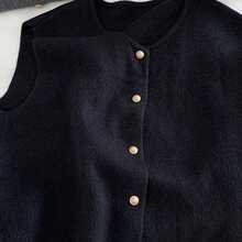 复古小金属纽扣圆领针织背心，宽松百搭，柔软舒适，适合秋冬季叠穿，黑色 - 黑色 - 查看 2