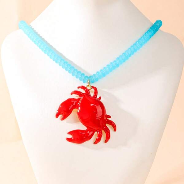 1pc Beach Ocean Style Red Crab Beaded Pendant Necklace, Suitable For Women