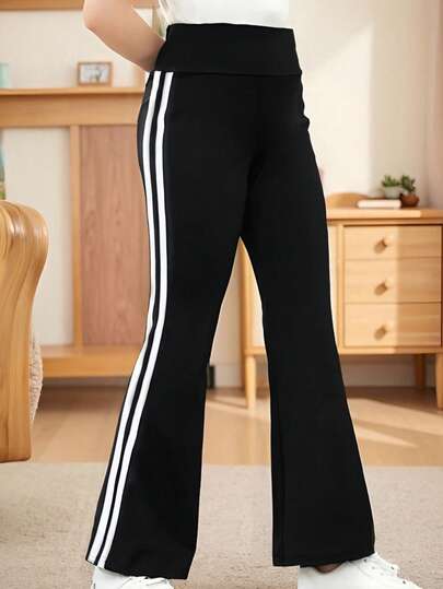 Girls' High Waist Flare Leg Elastic Fitted Sports Pants With Double Stripes, Fitness Running Leggings, Casual Trousers For Older Young Girl, Yoga Pants
