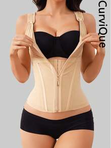 Áo nịt bụng định hình CurviQue 1 chiếc dành cho nữ, áo định hình thể thao kiểm soát bụng dành cho nữ tập gym sau sinh có khóa kéo và móc, dây đai có thể điều chỉnh, kèm áo ngực - Màu be - Xem 3