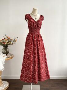Rusttydustty 波西米亚风女士V领荷叶边下摆红色碎花连衣裙，适合新年、情人节、夏季度假等场合，优雅时尚。 - 紅色 - 查看 4