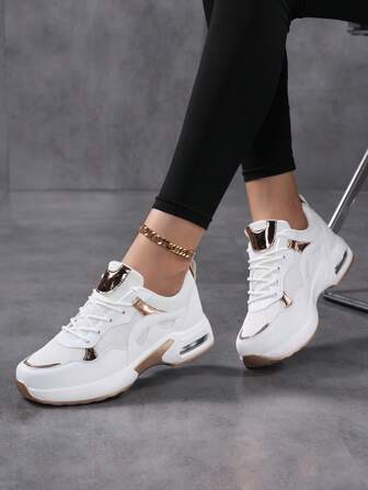 New Spring/Autumn Plus Size Air Cushion Lightweight Casual Women Shoes, Gold Patchwork Sports Shoes For Women, Women White Comfortable Running Shoes, Women Platform Thick Sole Sports Shoes, Women Wedge Sneakers, Women Elevator Sports Shoes