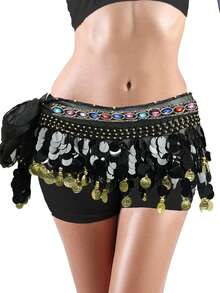 女士肚皮舞臀巾裹裙，带亮片流苏，迷你裙装，适合泰国/阿拉伯舞者