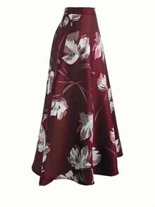 Damen Lässig Elegant Blume Muster Reißverschluss Rücken Schirm Rock, Urlaubsstil - Bordeaux - Übersicht 3