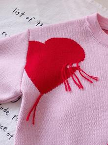 女童可爱心形图案针织套头衫，适合春秋冬季休闲穿着 - 粉色 - 查看 5