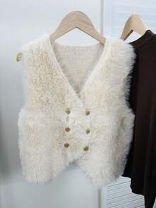Damen Kuschelige Strickjacke ärmellos Kunstfell Mantel mit tiefem V-Ausschnitt und goldenen Knöpfen asymmetrisch normale Länge