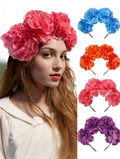1件装女士新款纯色仿布刺绣绒球花朵发箍，花卉布艺头饰，适用于派对拍照道具、日常佩戴、装饰配饰、派对节日礼物、发带、发箍、发饰发箍