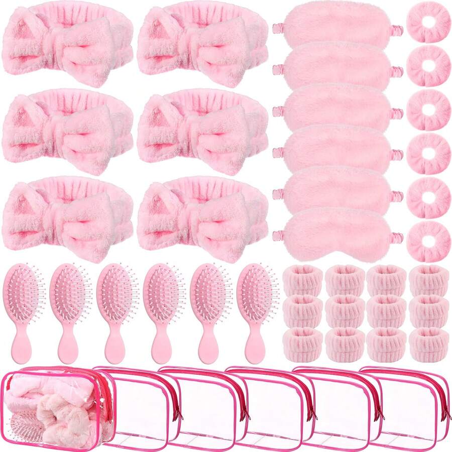 7/14/42pcs/Set Pink Spa Sleepover Party Favors,Included 6 Pink Spa Headband 6 Plush Sleep Eye Mask 6 Velvet Scrunchies 6 Wristband 6 Hair Brush 6 Clear Cosmetic Bags For Slumber Party Favor Gift, Wedding, Bachelorette, Bridal Shower Gifts - Pink - View 1