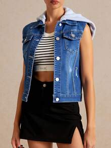 Chaqueta sin mangas vaquera, estilo casual y trendy - Azul lavado medio - Ver 3