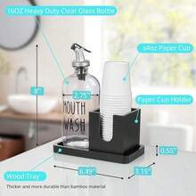 16oz Glass Mouthwash Dispenser Set With Wooden Tray & Cup - Rustic Farmhouse Bathroom Organizer, Countertop Storage For Dental Care Essentials, Navy Blue Decorative Bottle With Easy Pour Spout - 黑色 - 查看 7