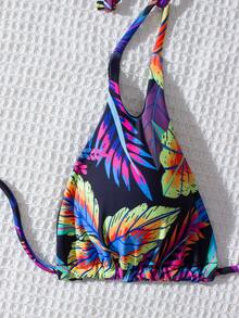 Bikini a stampa foglie sexy da donna con schiena scoperta e incrocio, adatto per spiaggia e vacanza - Multicolore - Visualizzare 5