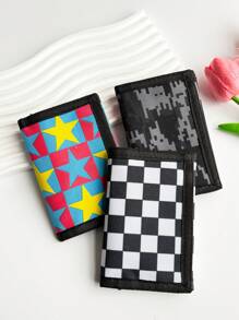 3 Fold Wallet, Cartoon Camo Print, Plaid Mosaic Style, Durable Polyester Material With Zipper Pocket & Key Ring, Suitable For Daily Coin Purse - Multicolor - View 2