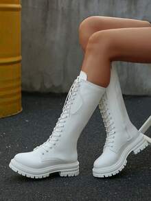 Autumn/Winter New Thick Sole Over-The-Knee Boots, Punk Lace-Up Side Zipper Fashion Women Riding Boots,White Boots - White - View 3