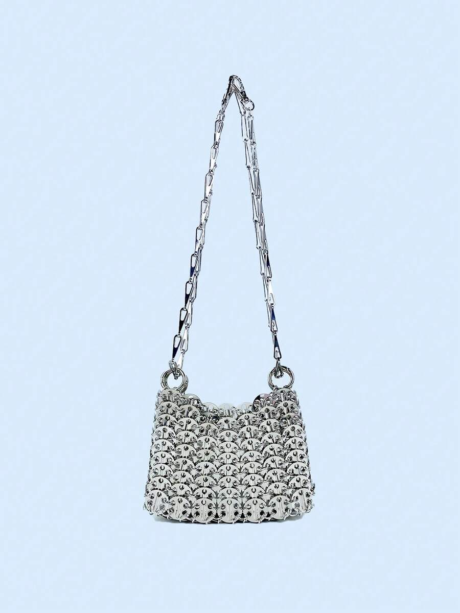 24 pièces Sac bandoulière fait main avec paillettes brillantes et décorations de paillettes, avec bandoulière amovible, couleur argent, pour femmes - Argent - Voir 1