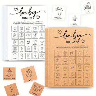 Gender Reveal Birthday Bingo Game (50 Unique Cards) Pre-Filled Fun Kids Birthday Party Game Activity, Pre-Made Name Cards, Gender Neutral Simple (White/Brown)